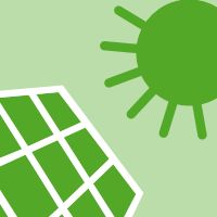 Icon einer dunkelgrünen Solaranlage, die von der dunkelgrünen Sonne bestrahlt wird, auf hellgrünem Hintergrund